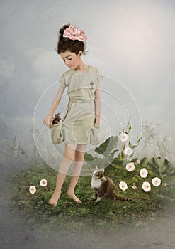 Girl, mouse and cat