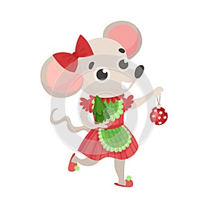 Girl mouse in a red dress. Vector illustration on a white background.