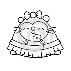 Girl mouse in a skirt, with a bow on her head and a flower in her hand. Black contour on white background. Ñoloring.