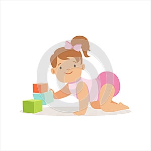 Girl In Nappy Playing With Blocks, Adorable Smiling Baby Cartoon Character Every Day Situation