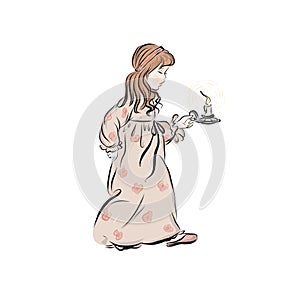 Girl in nightgown holds candlestick with burning candle