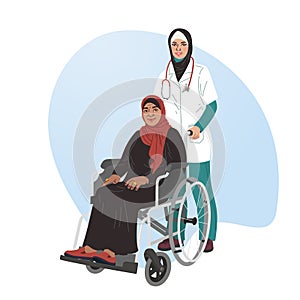 A girl nurse rolls a wheelchair with a patient. Disabled man.