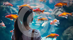 Girl observing vibrant goldfish in an aquarium