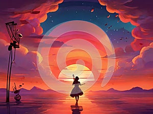 Girl In The Ocen Facing A Summer Sunset Illustration