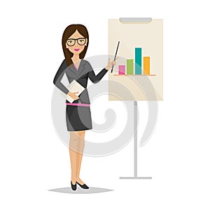Girl, office worker woman, conducts presentation, training, business seminar, analysis.