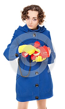 Girl with old red telephone