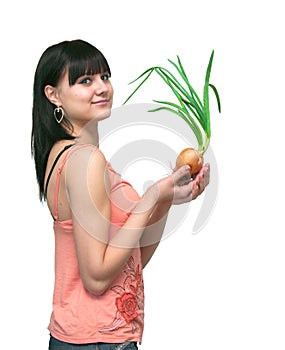 Girl and an onions. It is isolated