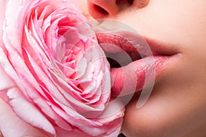 Girl open mouths. Natural beauty lips. Beautiful woman lips with rose.