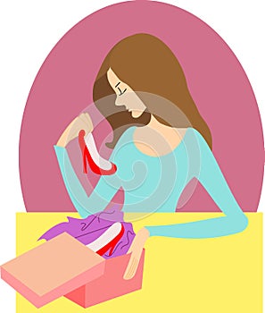 Girl opens gift box with red shoes