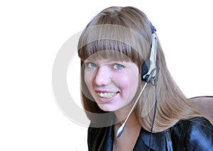 Girl operator with headset over white.