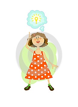 Girl in orange dress and light bulb.