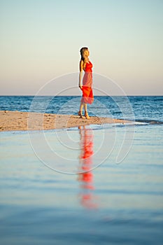 Girl in orange dress by seas edge