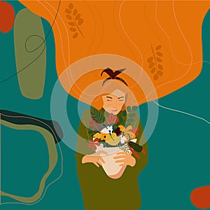 Girl with orange hair holds an autumn bouquet in hands.