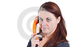 Girl with orange retro telephone