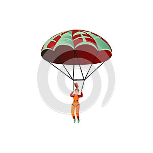 Girl in an orange suit flying with the parachute. Vector illustration in a flat cartoon style.