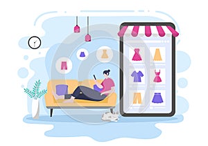 A girl Orders From Smartphone Online Shopping Flat Design for Website Landing Page, Marketing Elements, or E-commerce Illustration