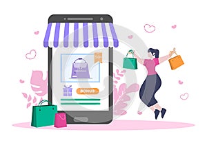 A girl Orders From Smartphone Online Shopping Flat Design for Website Landing Page, Marketing Elements, or E-commerce Illustration