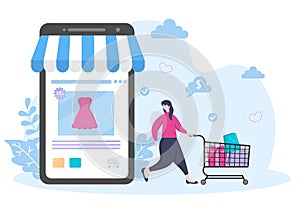 A girl Orders From Smartphone Online Shopping Flat Design for Website Landing Page, Marketing Elements, or E-commerce Illustration
