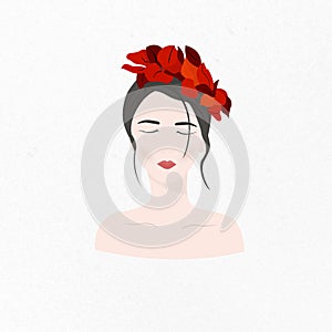 A girl of oriental appearance with her eyes closed. Beautiful portrait of a girl with red flowers on her head. Feminine