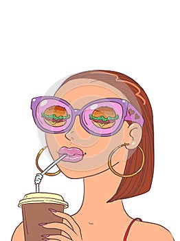 A girl in original glasses drinks a drink and thinks about buying. Potential consumer of a service or offer.