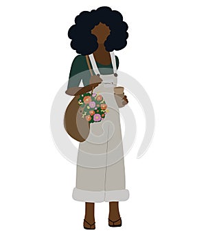 Girl in overalls, with an Afro hairstyle, with a bag of flowers, with cups for seedlings, color illustration