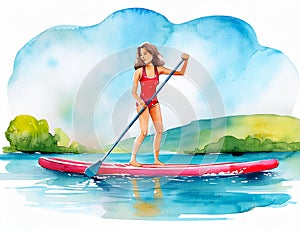 Girl paddle boarding on serene water