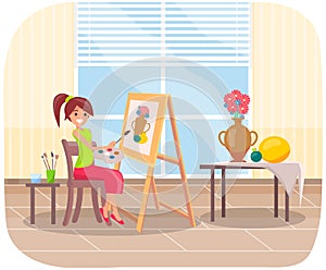 Girl painting still life. Artist creates picture of vase of flowers and fruits on canvas in studio