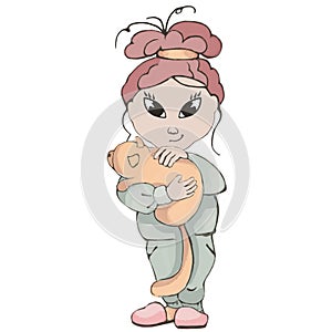 Girl in pajamas with a red cat in their hands. Illustration isolated on white background.