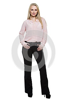Girl in pants and blous. Isolated on white