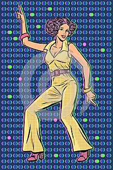 Girl in pantsuit. woman disco dance