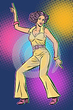 Girl in pantsuit. woman disco dance 80s background photo