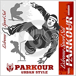 Girl parkour is jumping - illustration and emblem - set of vector images