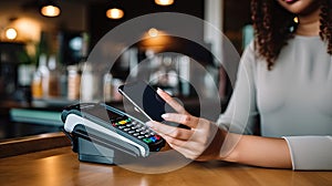 The girl pays through the terminal using a smartphone. Cashless payment. Modern payment for goods and services. Close-up