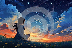 A girl peacefully sits in a field as she gazes up at the stars twinkling in the night sky, Illustration of a girl sitting in a