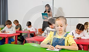 Girl with pen and notebook at lesson