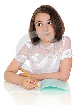 The girl with pencil and writing-book