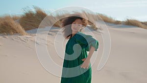 Girl performer dancing sand desert summer day. Woman dancer moving sensually.