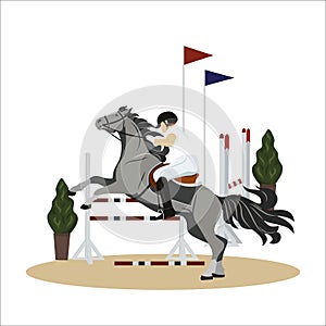 Girl performs on a horse in a competition. Jockey on horse. Horse riding. Equestrian Sport. Isolated Vector Illustration