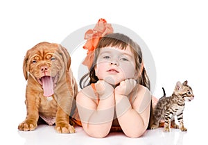 Girl with pets - dog and cat. isolated on white background