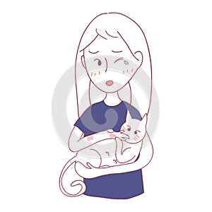 Girl Petting Cat and was Bited by him. Vector illustration. isolated on White Background.