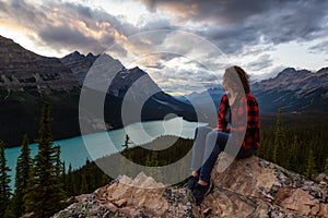 Girl at Peyto Lake in Canadian Rockies