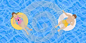 The girl with the phone floats on an inflatable circle in the pool. A man sits in an inflatable circle. Vector summer