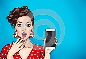 Girl with phone in the hand in comic style. Woman with smartphone. Hipster girl. Digital advertisement.Woman with phone. photo