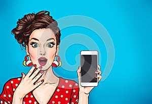 Girl with phone in the hand in comic style. Woman with smartphone. Hipster girl. Digital advertisement.Woman with phone.