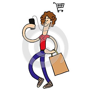 Girl with phone shopping. Vector illustration