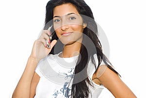 Girl and phone on white background