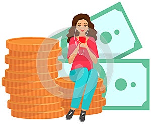 Girl with phone works with money and finances. Woman with smartphone sitting on stack of coins