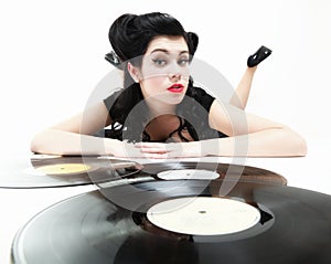 girl with phonography analogue record