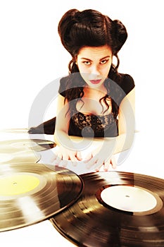 Girl with phonography analogue records music lover