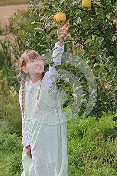 Girl picking apple